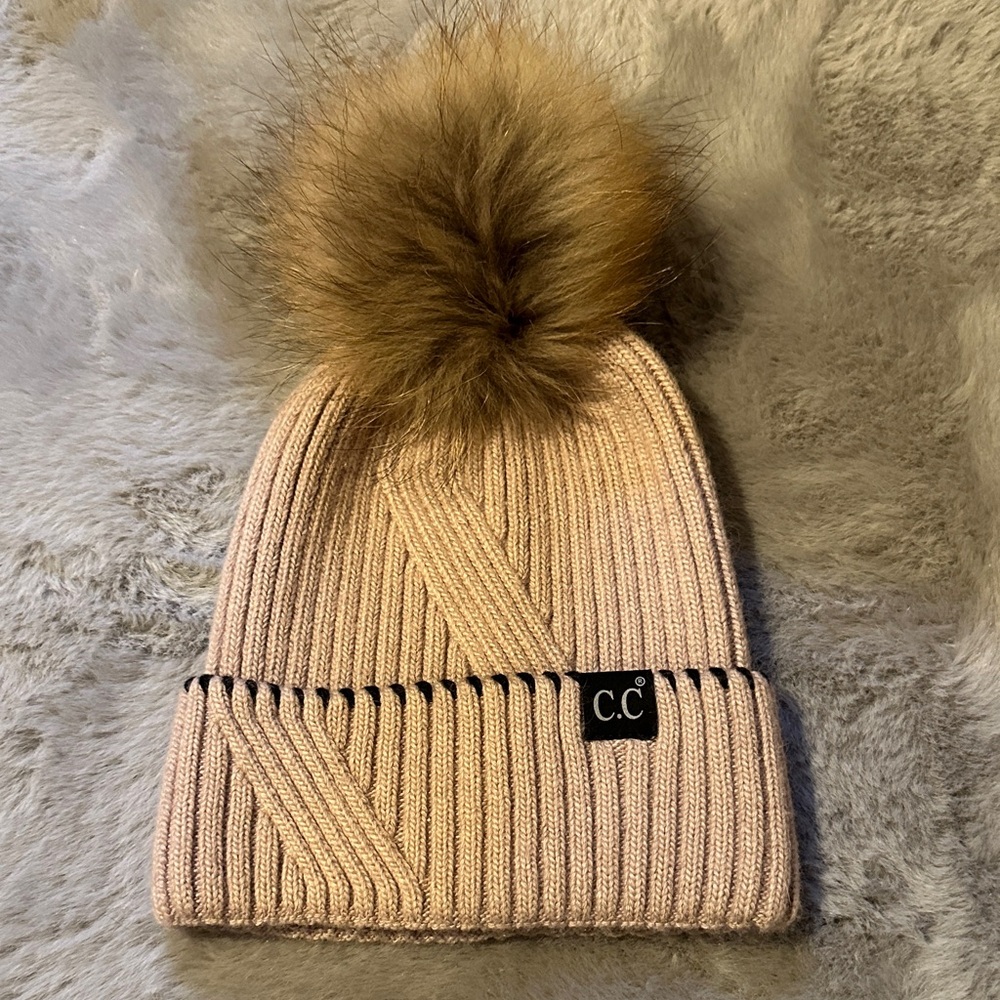 C.C Tan Knit Beanie with Faux Fur Pom